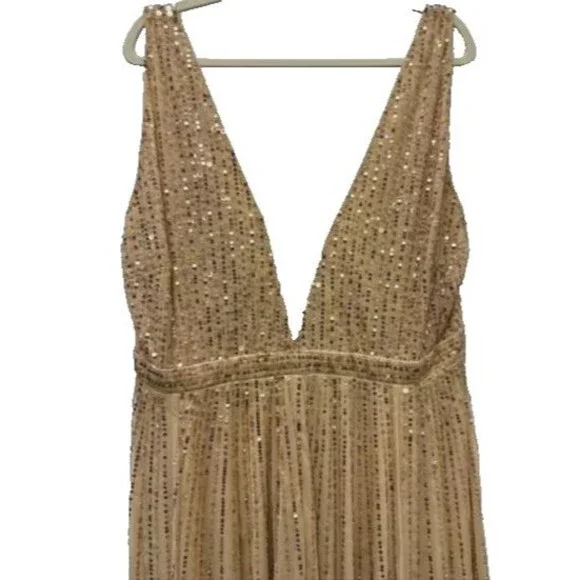 Mac Duggal Women's  10700 Illusion Plunge Neck Sequin Gown GOLD SZ 22 NWT $398 - Picture 5 of 7